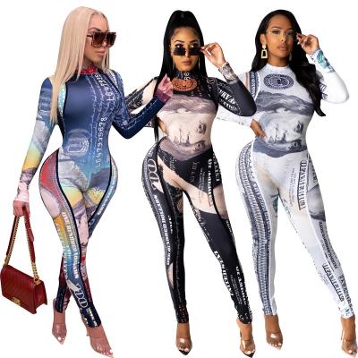 China New fashion QUICK DRY custom made sexy dollar print women long sleeve silver one piece jumpsuit for sale