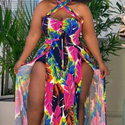 China 2022 temperament print commuter dress breathable halter neck split plus size suit for sale