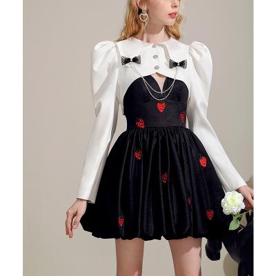 China Waterproof female sweet white suspender bow tie bow tie design dress small puffy black dress set for sale