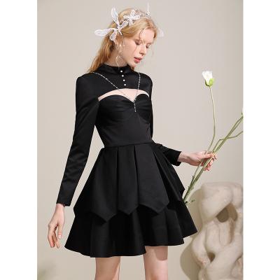 China Anti-wrinkle French elegant light and familiar style 2022 spring dress women hollow out waist tight slim dress small black dress for sale