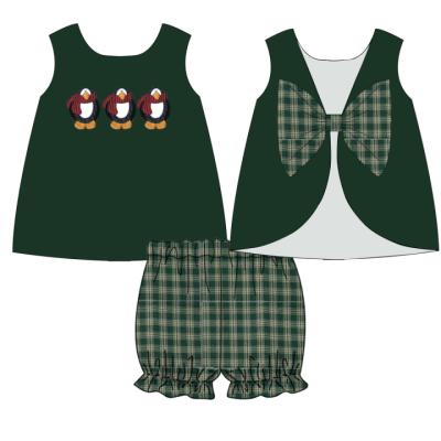 China Puresun Casual Boutique Bow Gingham Sleeveless Applique Custom Design Babies Clothing Set for sale