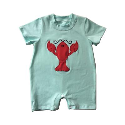 China Soft 100% Cotton Toddler Boys Summer Bubble Outfit Cute Crawfish Embroidery Kid Boys Summer Romper With Button for sale