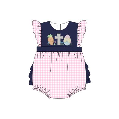 China 2022 Custom Shop Cute Easter Baby Romper Casual Knit Easter Applique Pink Gingham Toddler Girls Romper for sale