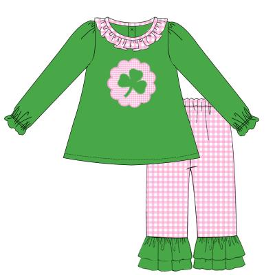 China 2022 hot sale casual St. Patrick's child girl clothes long sleeves baby set shamrocks applique little girls dress sets for sale