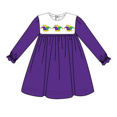 China Anti-Static 2022 Mardi Gras Boutique Baby Clothes Dress Mardi Gras Applique Long Sleeves Knee Length Kid Girl Dress for sale