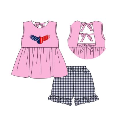 China Casual high quality boutique applique sleeveless ruffles knit cotton Independence Day girls set for sale