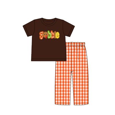 China 2021 High Quality Casual Brown Short Sleeve Boys Sets Applique For Knitting Summer Boy Thanksgiving Outfit for sale