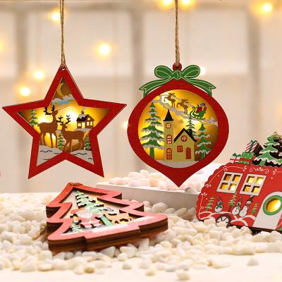 China Switch 2021 Christmas Decoration Wooden Luminous Pendant Light Promotion Gifts Led Light Up Hanging Light For Christmas for sale