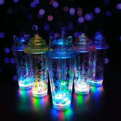 China Customized Party/Nightclub/Promotional/Wedding Double Plastic Cup Light LED Wall LED Cup Twinkle Up LED Tumbler With Lids And Straw for sale