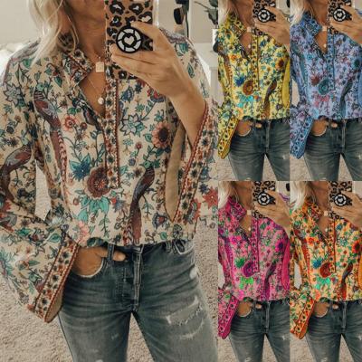 China Autumn New Style Lady Peacock Print Anti-pilling Shirt Loose Button Sleeve Long Plus Size Blouse Shirt for sale