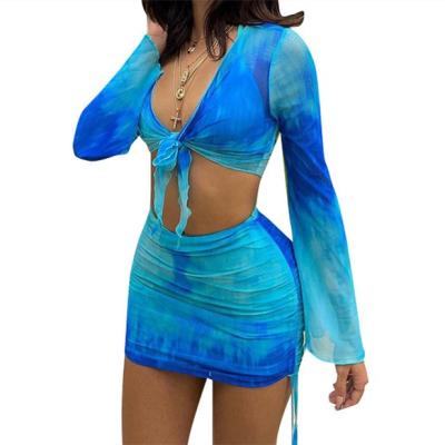 China Breathable Women Tie Dye Print Two Piece Skirt Set Long Sleeve Top Mini Dress Women Summer Clothing for sale