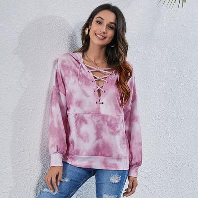 China 2021 fall QUICK DRY women's v-neck strap dye tying pocket sweatshirt hoodie for sale