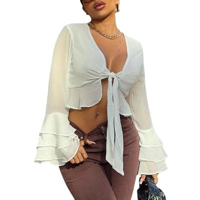 China Women Tops Breathable V-Neck With Long Sleeve Crop Horncrop Top T-Shirt Women T-shirt for sale