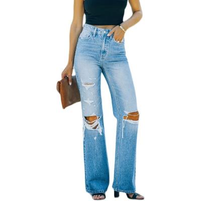 China Breathable Jeans Pants Female Jeans Pants Straight Pants Wash Ripped Jeans for sale