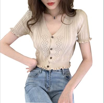 China Breathable Hollow Hot Sale V-neck Knitted T-shirts Women Short T-shirt Ladies Soft Sleeve Shirts for sale