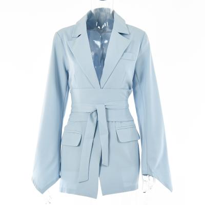 China Breathable Women Coat Office Wear Cardigan Belted Waist Lapel Trim Women Blazer for sale