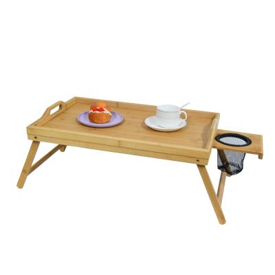 China Bathroom Wooden Countertop Kitchen Bamboo Breakfast Serving Tray With Foldable Legs And Cup Holder for sale