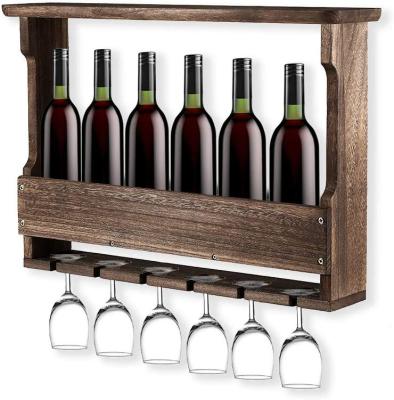 China Sustainable Floating Wine Shelf And Glass Rack Set Bottle 6 Long Wall Mounted Wooden Rod Rack 6 Wine Glass Rack for sale