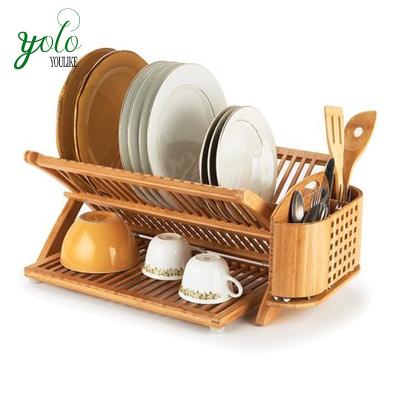 China Sustainable New Design Folding Bamboo Dish Rack With Utensil Holder for sale