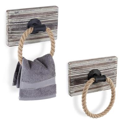 China Wall Mounted Towel Ring Wooden Towel Rack Modern Rustic Wood Industrial Pipe Rope for Bathroom Kitchen for sale