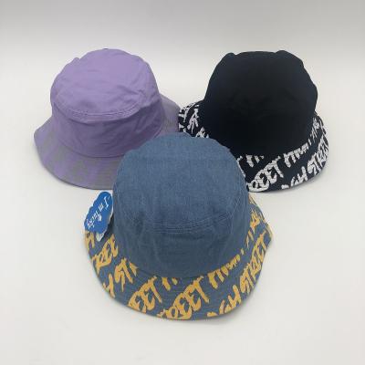 China CHARACTER 100% Cotton Printed Brim Denim Fabric Bucket Hat WHOLESALE HAT for sale