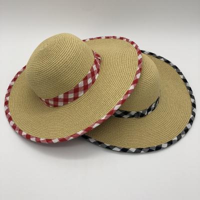 China Character fashion wide brim beach hat cotton check fabric summer sun paper straw hat for women for sale