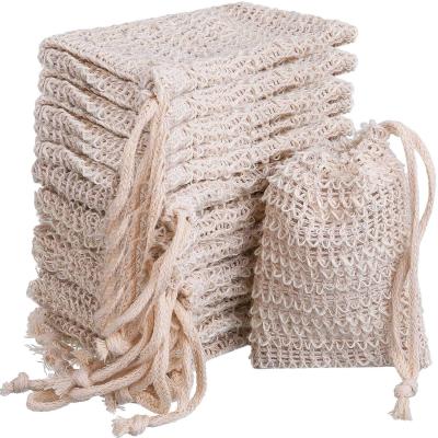 China Double Drawsting Pocket Bath Shower Exfoliating Drawstring Sisal Soap Storage Pocket Soap Saver Sisal Bag for sale