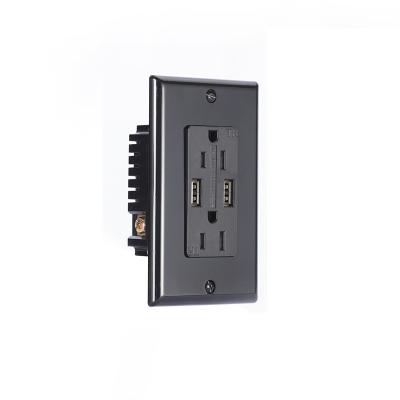 China Dual USB Ports Shanghai Linsky USB Charging Charger USA Standard 125V 15A All Outlet, 4.2A Output USB Receptacle Black Color With Cover for sale