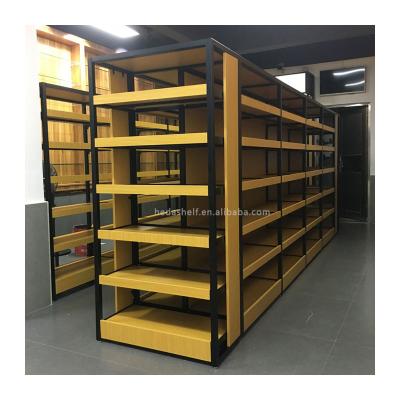 China Guangzhou double sided shelves wooden store supermarket display stand gondola store display rack for sale