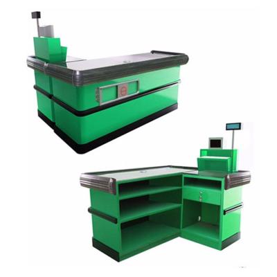 China Modern Eco-friendly Custom Green Grocery Checkout Counter Retail Supermarket Metal Checkout Counter for sale