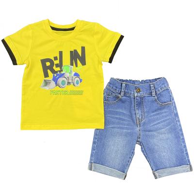 China COTTON SPANDEX Toddler Little Boy Kids Summer Cartoon Printed T-shirt Printed Short Jeans 2pcs Outfit Clothes Set for sale