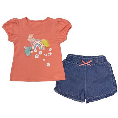 China Custom made casual hot sale baby summer T-shirt and jeans pants with bow kids fabrics toddler boutique outfit sets girls dress sets for sale