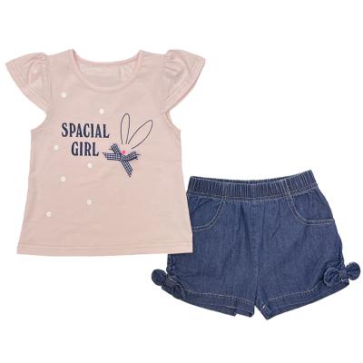 China Petal Casual Sleeve Print Letter Fashion Cropped T-shirt With Bow Tie And Denim Pants Kids Dress Sets Girls Two Piece Sets for sale