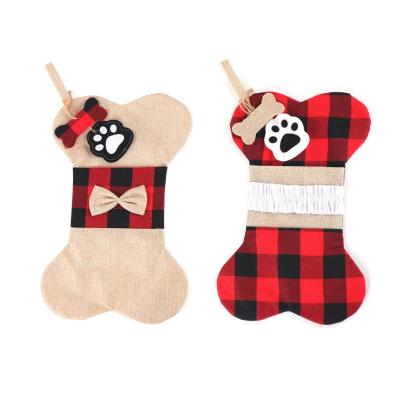 China Canvas Dogs Paw Hanging Christmas Decorations Plaid Fabric Stocking for sale