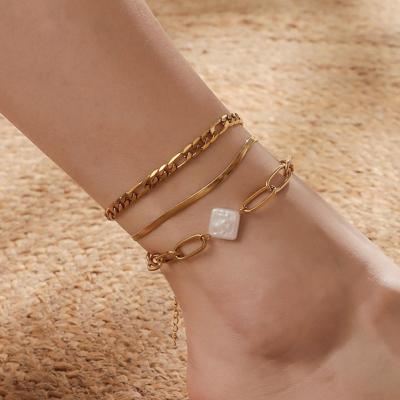 China Hiphop 3pcs Stainless Steel 18k Gold Plated Women Beads Cuban Link Snake Chain Anklet For Women Jewelry for sale