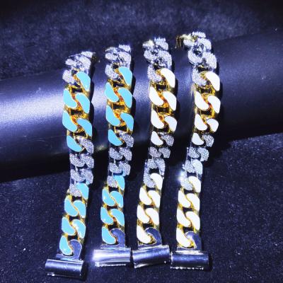 China Durable Iced Out Hot Selling Gold Plated Hip Hop Cuban Link Bracelet Colorful Bling Miami Type Bracelet for sale