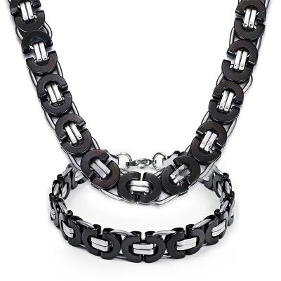 China Cool Stainless Steel Fashion Man Stainless Steel Silver and Black Bike Chain Necklace Jewelry Set for sale