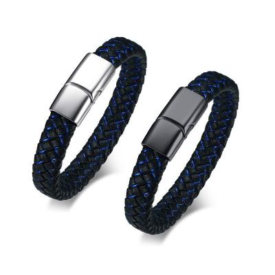 China Stainless Steel +Leather Stainless Steel Leather Bracelet Men's Microfiber Leather Bracelet Blue And Black Leather Bracelet for sale