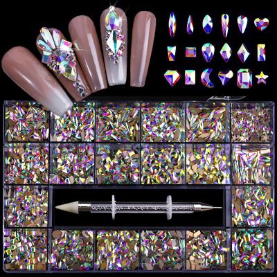 China 3d Nail Art DIY Decoration BQAN 21 Grids 3D Nail Art Decorations Rhinestones AB Color Set Flatback Crystals With Dotting Pen Double-finished for sale