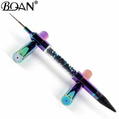 China 2021 Custom Logo Metal Handle Colorful Rhinestone Picker Dotting Nail Wax Crayon Sets Double Use Nail Art Dot Brush Pen Tool for sale