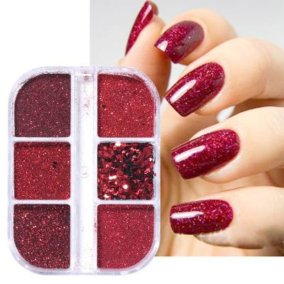 China Personal DIY Nail Art BQAN Professional 6 Red Nail Glitter Flakes Chrome Acrylic Powder Nail Glitter Powder Dip Set for sale