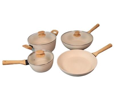 China Sustainable Home Use 7 Pcs Aluminum Cookware Set Induction Bottom Soft Touch Healthy Cooking PFOA Free Cream Marble Coating Handle for sale