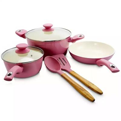 China Factory Direct Sale 7 Pcs Sustainable Cookware Set Cream Ceramic Coating Induction Bottom Soft Touch Forged Aluminum Handle for sale