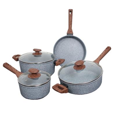 China Sustainable Home Use 7 Pcs Aluminum Cookware Set Forged Aluminum Straight Shape Gray Marble Induction Bottom Soft Touch PFOA Free Handle for sale