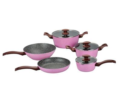 China Sustainable Cheap Home Use 8 Pcs Aluminum Cookware Set Handle Induction Bottom Soft Touch Healthy Cooking PFOA FREE for sale