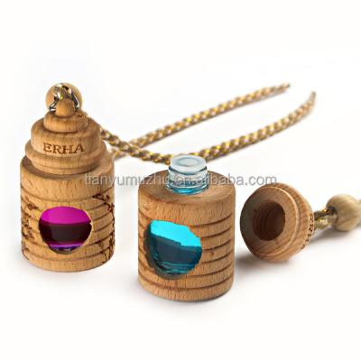 China Eco-friendly Wooden Frame Air Diffuser Whole Glass Hanging 5ml Car Perfume Bottle for sale