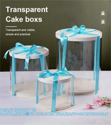 China Cajas altas de pastel transparente con cinta - Caja de pastel redonda de oro para pastel de cumpleaños. en venta