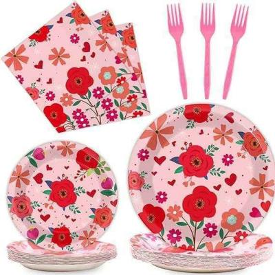 China Tea Theme Disposable Tableware Set Flower Design Paper Plates Party Supplies Wedding Dinnerware Plate Set for sale