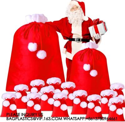 China Santa Velvet Gift Bags Bulk Gift Bags Poms Christmas Gift Sack Xmas Velvet Drawstring Bag For Present Wrapping for sale