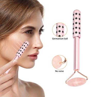 China 2020 New Facelift Amazon Seller 2 in 1 Rose Quartz Face Roller Cellulite Massager Tools 18 Germanium Jade Stone Roller for sale